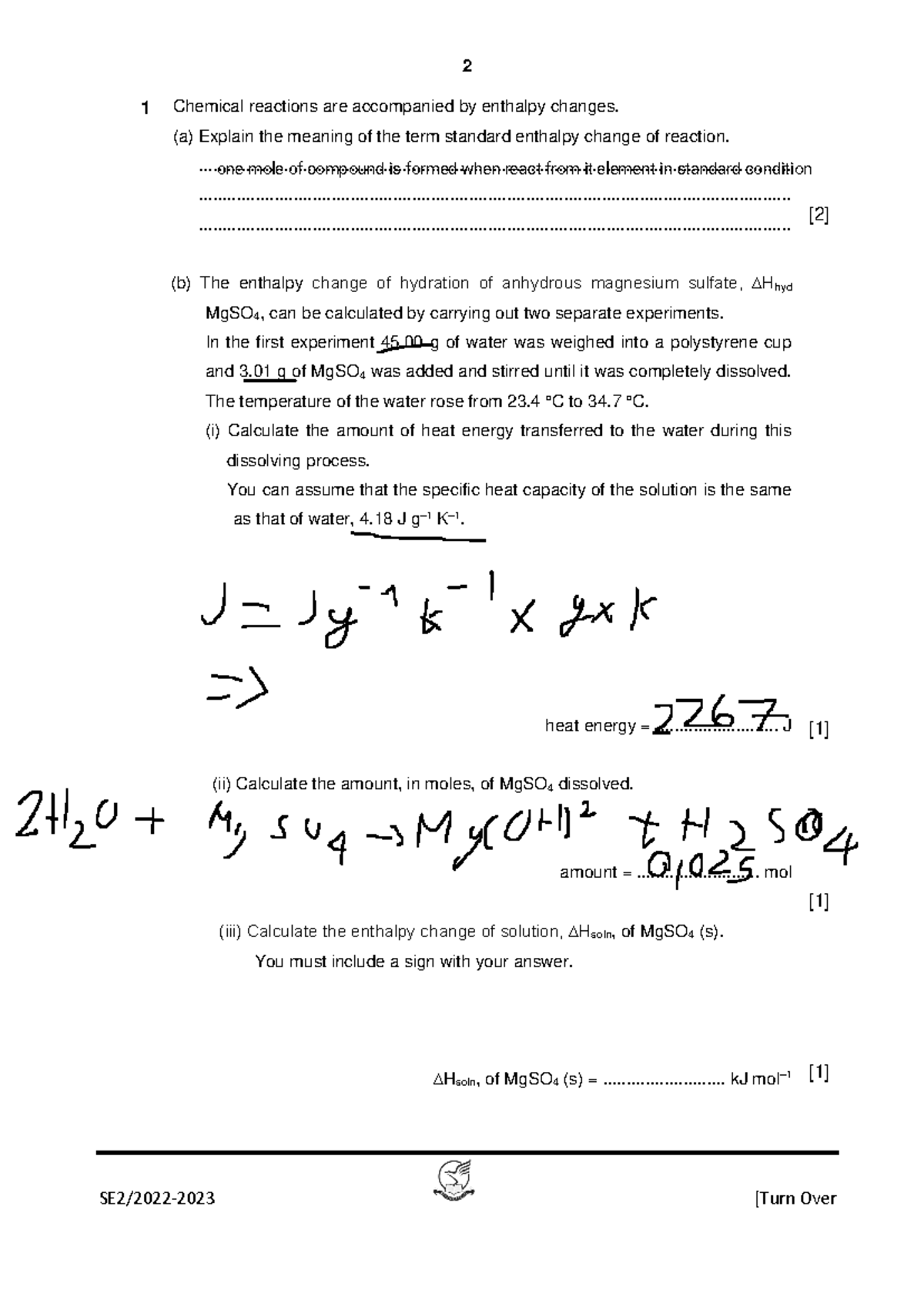Chemistry 11 (Paper 2) MOCK 2023: Enthalpy Changes & Reactions - Studocu