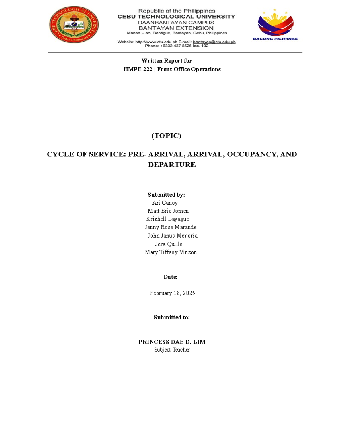 Cycle OF Service - Written Report for HMPE 222 | Front Office ...