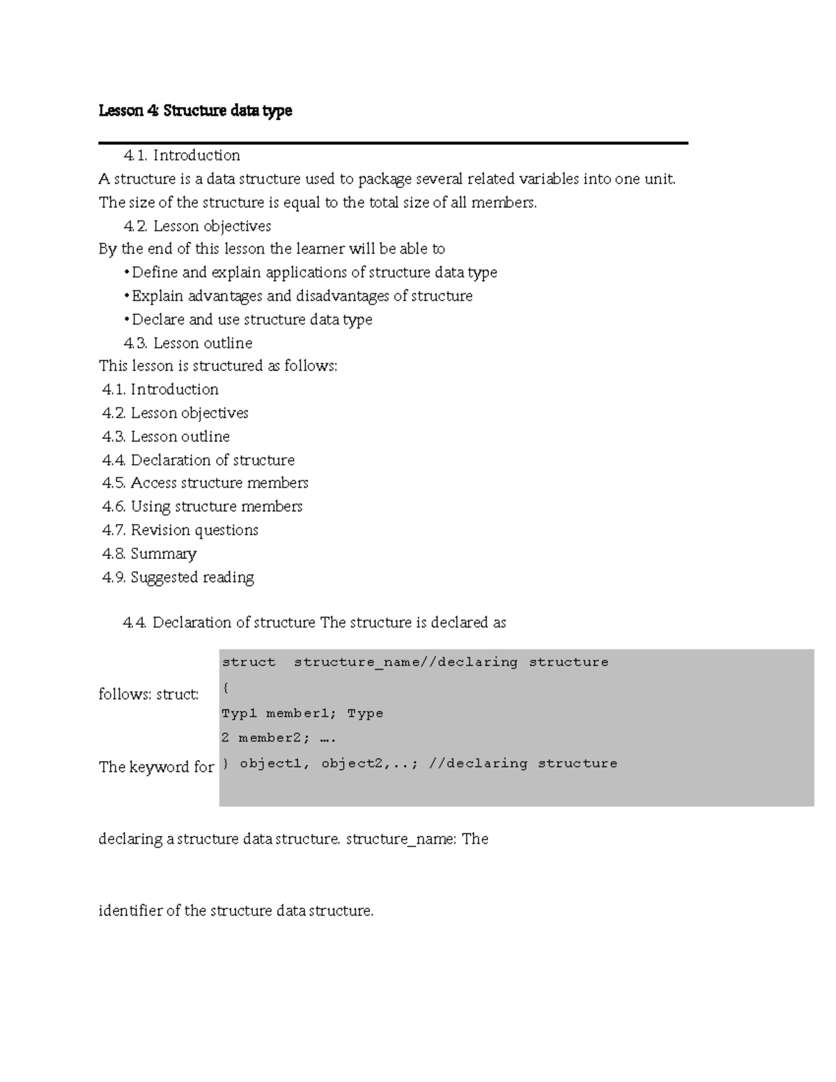 Lesson 4: Structure Data Type Overview and Applications - Studocu