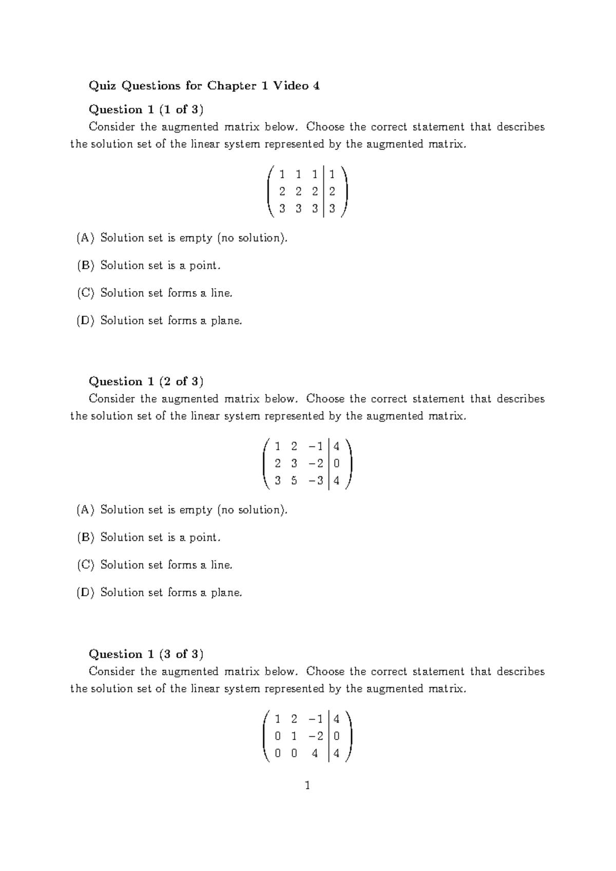 Chapter 1 Video 4 Quiz Questions on Linear Systems Solutions - Studocu