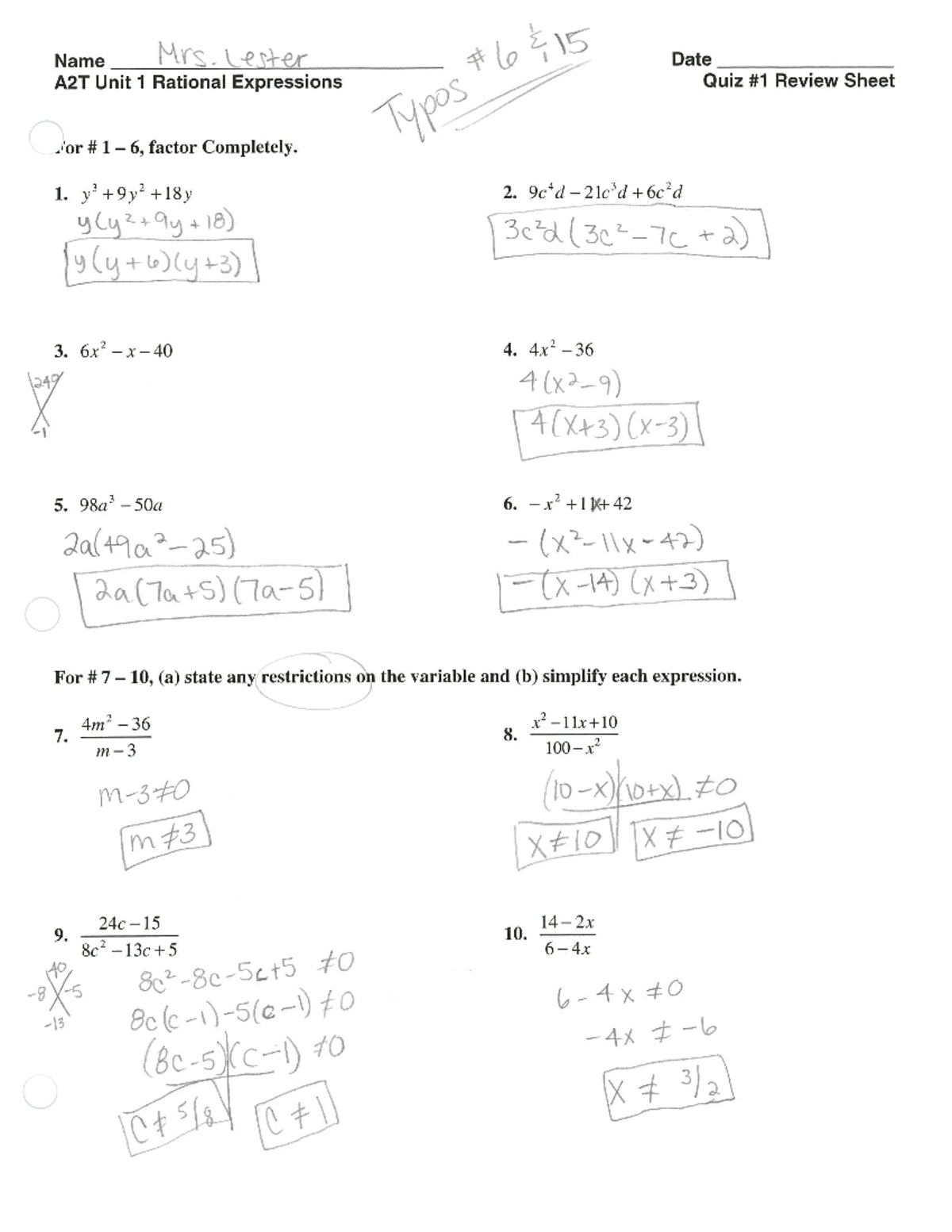 Quiz #1 Review Sheet Answer Key: Rational Expressions Explained - Studocu