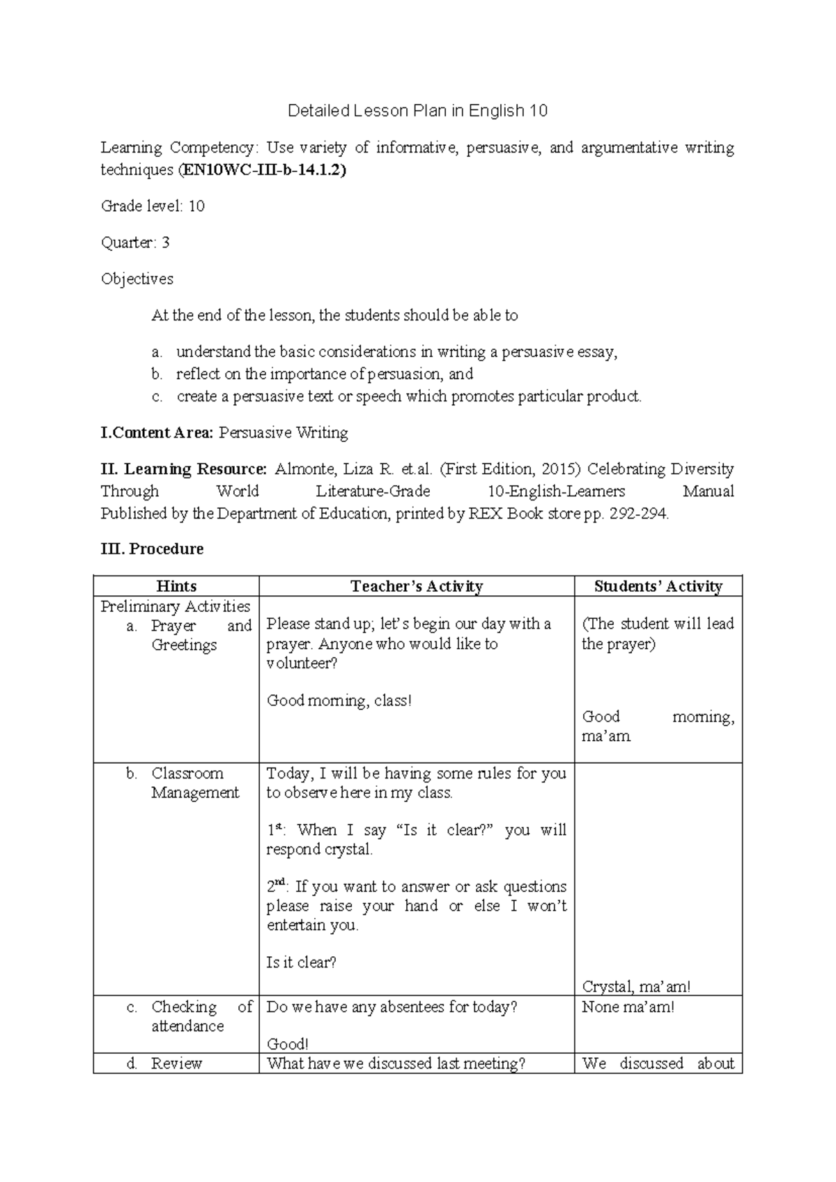 Persuasive Writing Detailed Lesson Plan for English 10 (Grade 10 ...