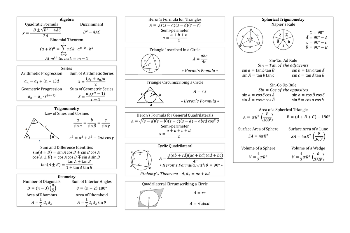 Algebra and Geometry Formula List - Algebra Quadratic Formula ...