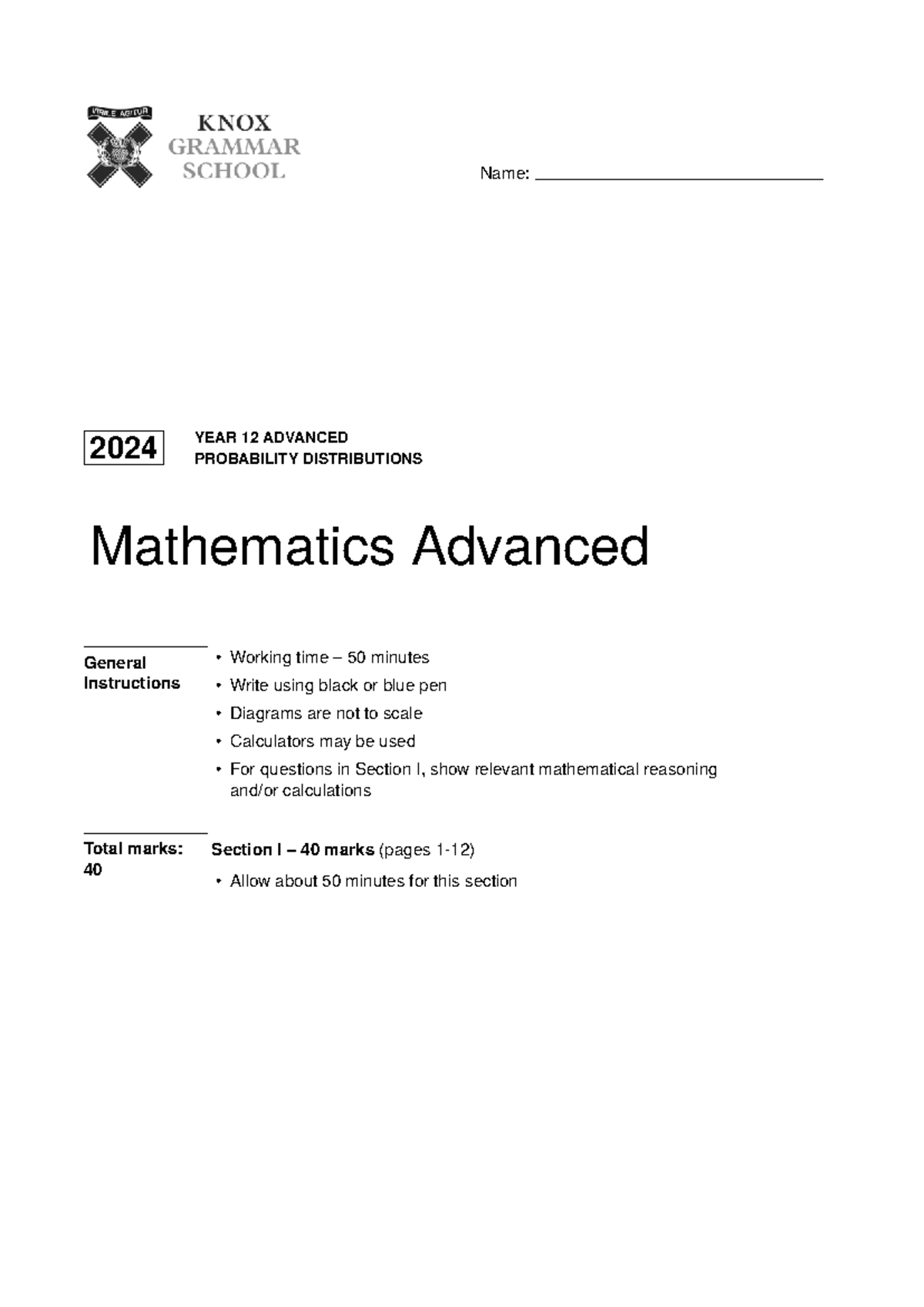 2024 Year 12 Advanced Mathematics: Probability Distributions Exam - Studocu