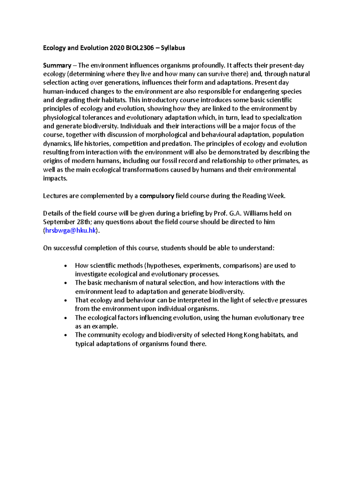 BIOL2306 Ecology and Evolution 2021 Course Syllabus & Overview - Studocu