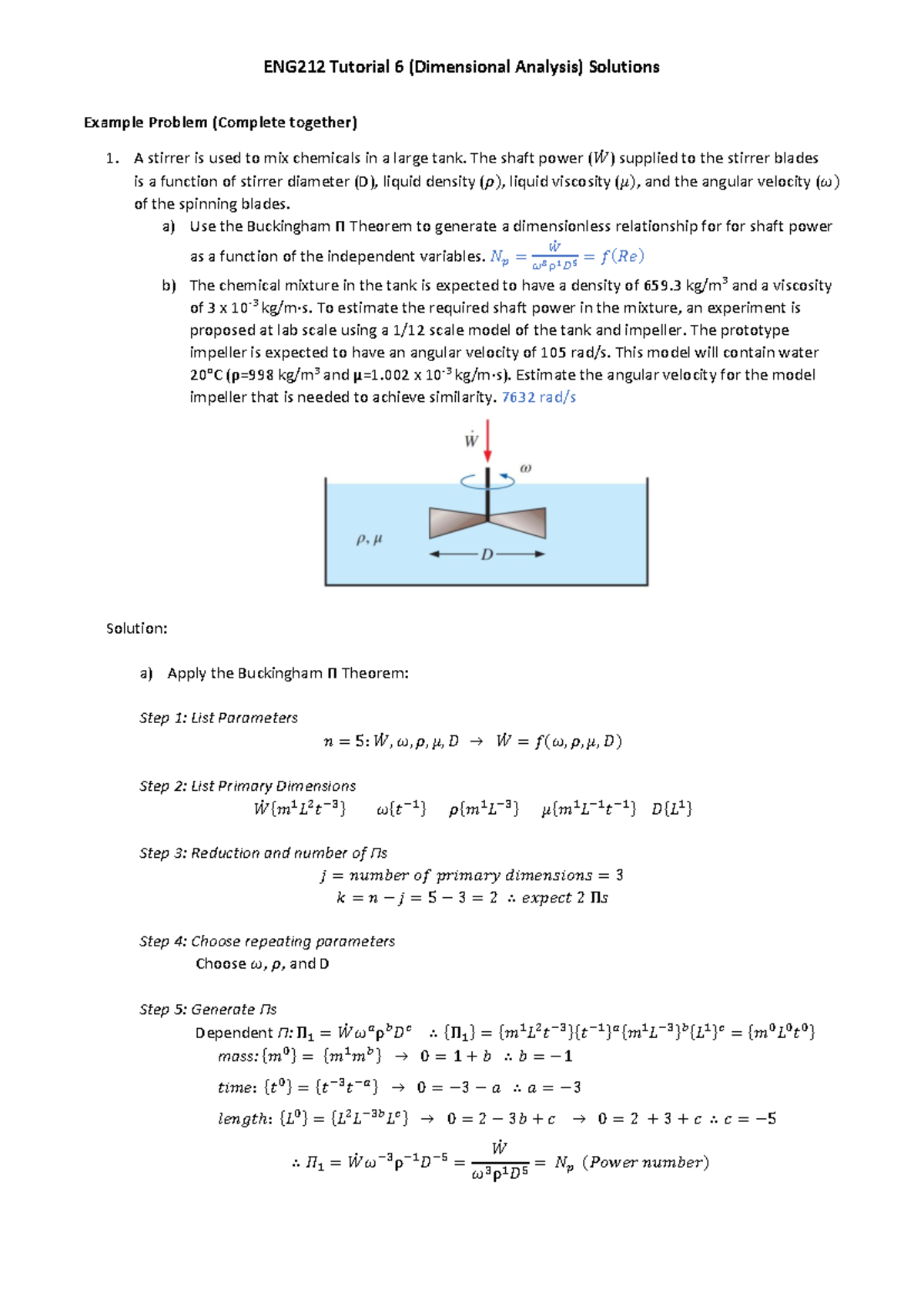 ENG212 Tutorial 6 Solutions: Dimensional Analysis Examples - Studocu