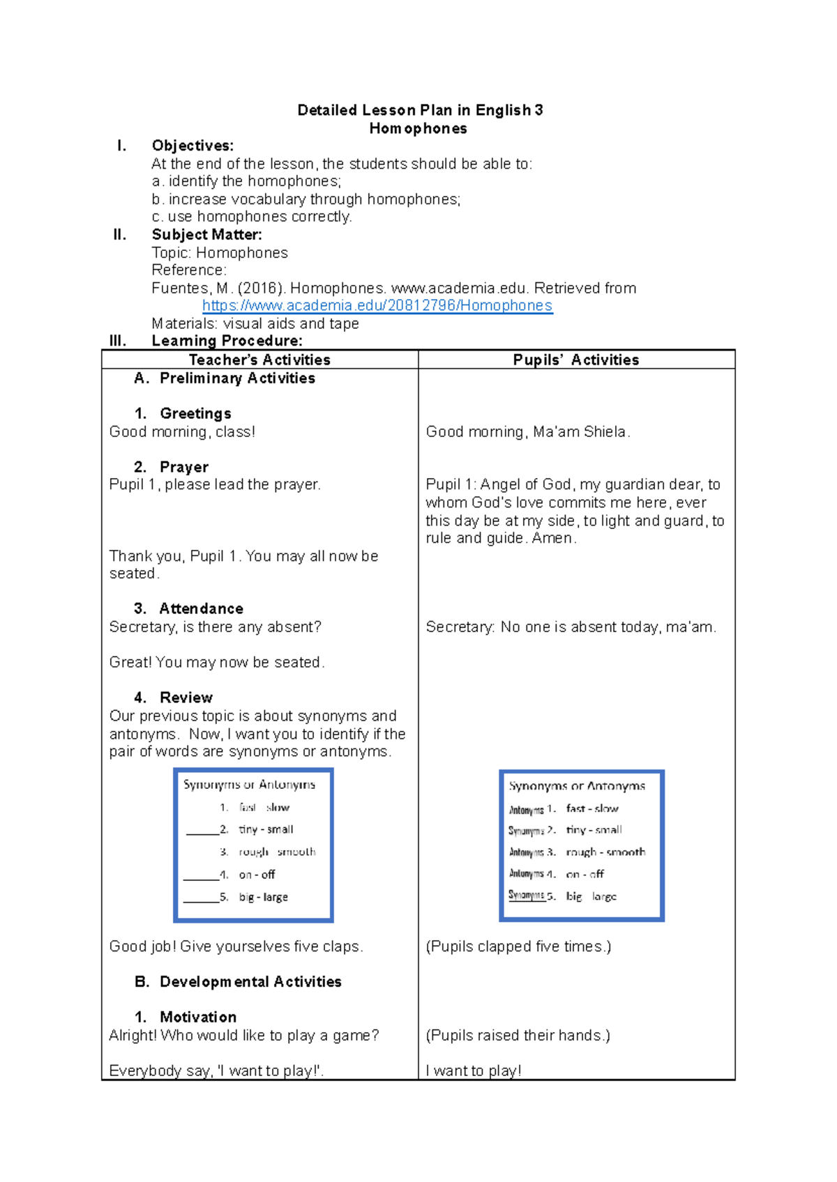 English 3 Lesson Plan: Exploring Homophones with Activities - Studocu