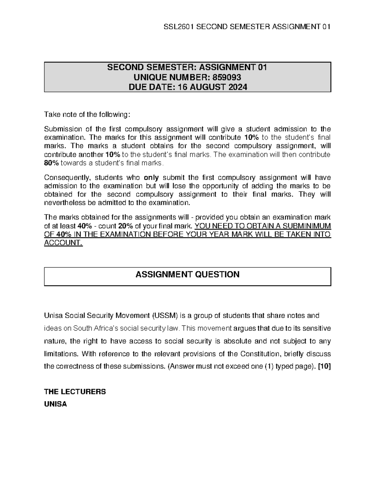 SSL2601 02 Second Semester Assignment 1 Details and Guidelines - Studocu