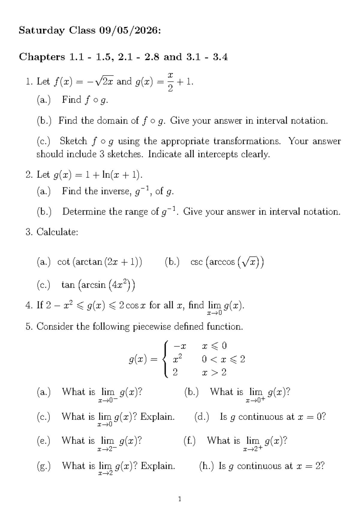 Saturday Class: Math Worksheet on Functions & Limits (Chapters 1.1-3.4 ...