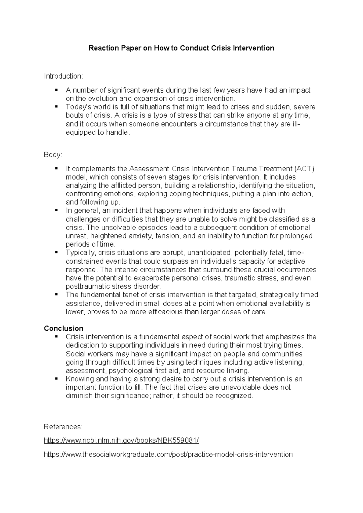 Crisis Intervention Techniques: A Reaction Paper on ACT Model - Studocu