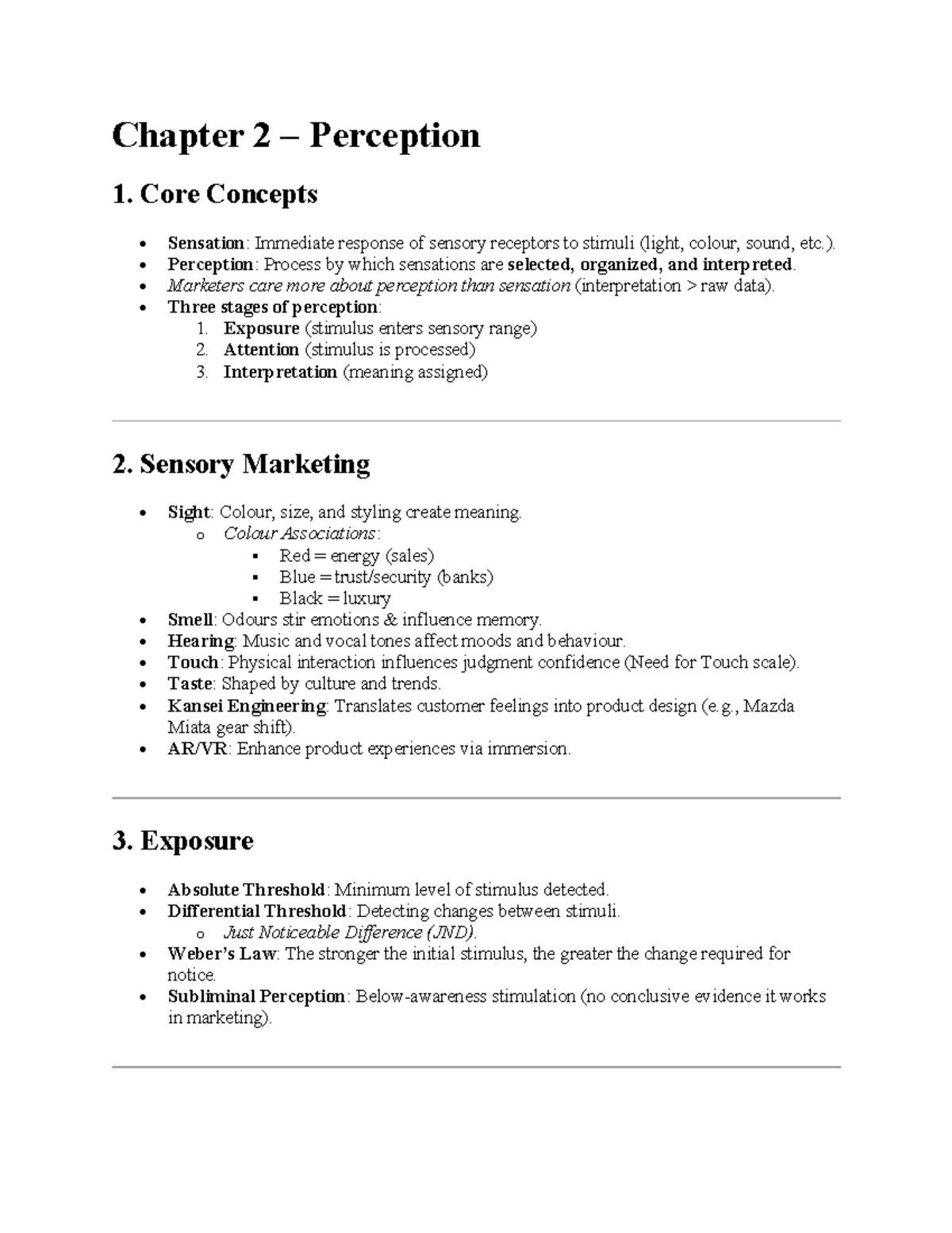 Midterm Exam Notes: Chapter 2 - Perception and Sensory Marketing - Studocu