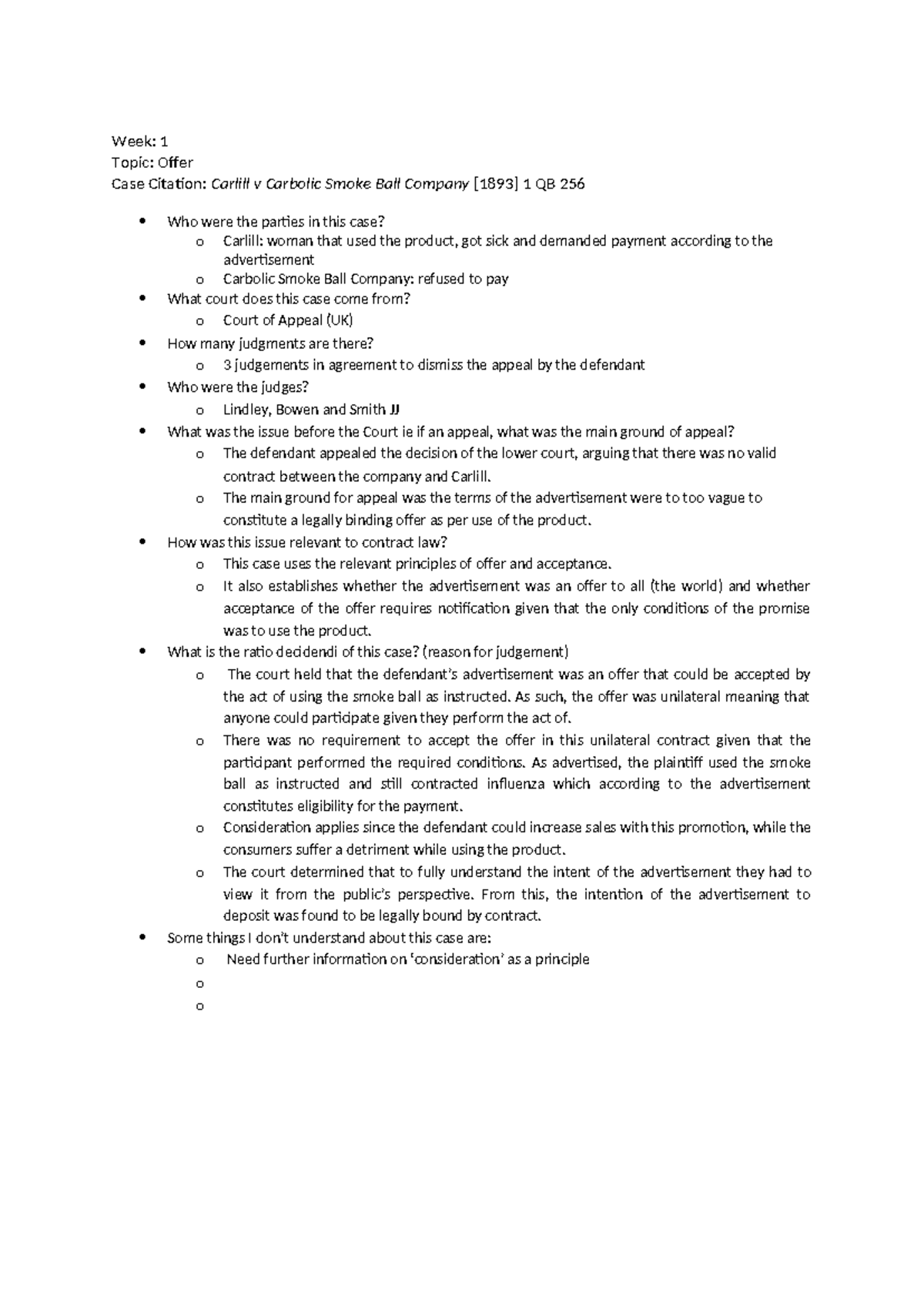 Contract Law Case Notes: Key Cases and Principles (LAW101) - Studocu