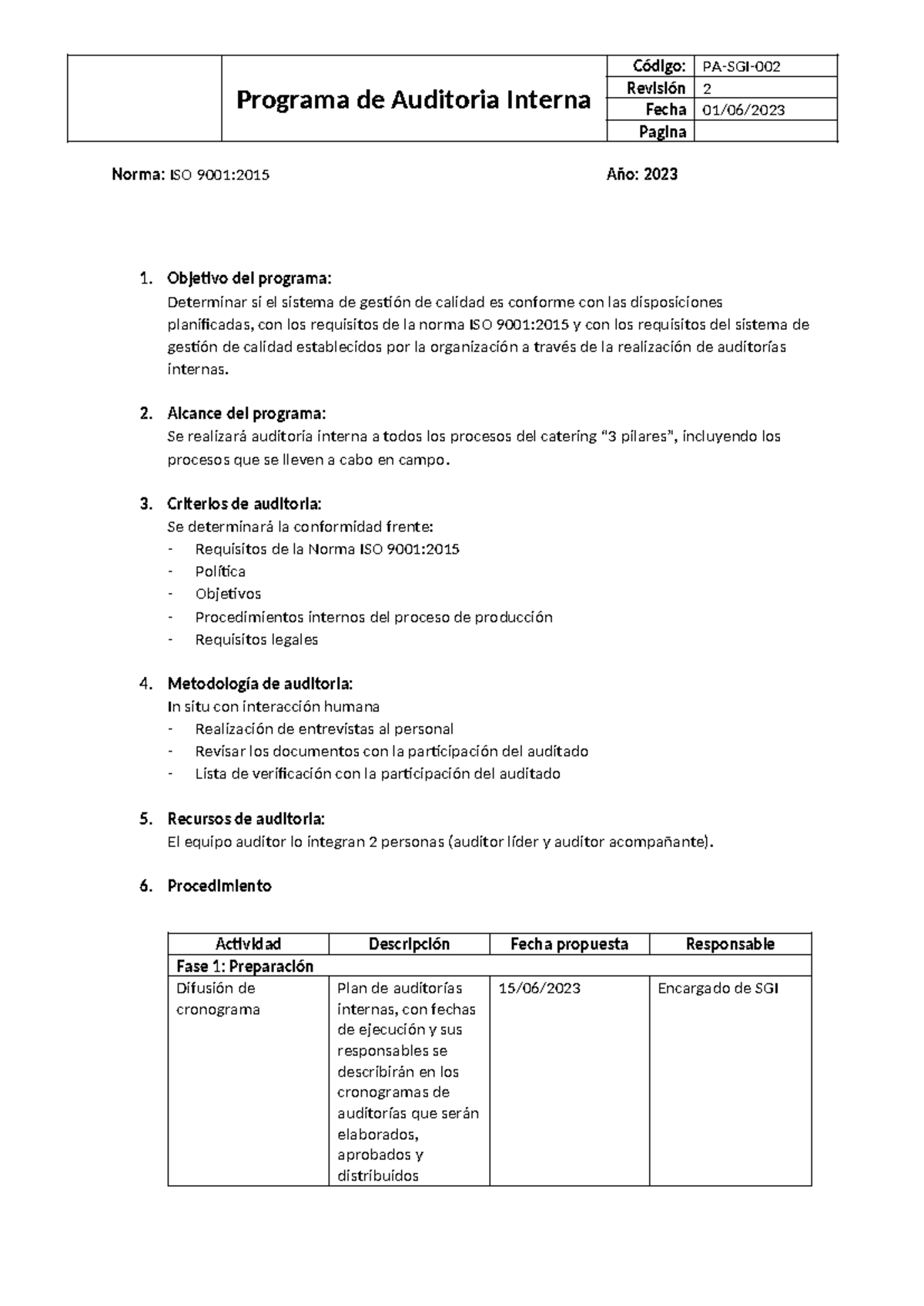 Programa de Auditoría Interna ISO 9001:2015 - Revisión 2 (2023) - Studocu