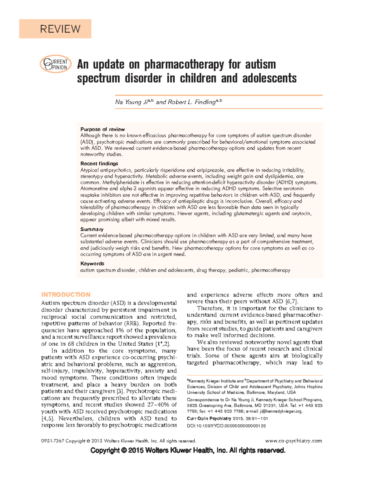 REVIEW: Current Pharmacotherapy for Autism Spectrum Disorder in ...