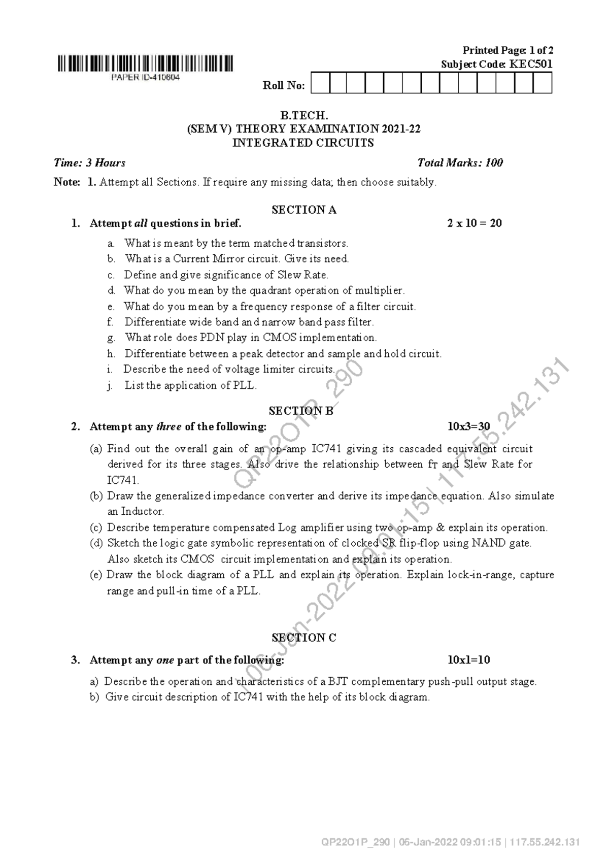 Integrated Circuits Theory Exam KEC501 - B.Tech Sem V - Studocu