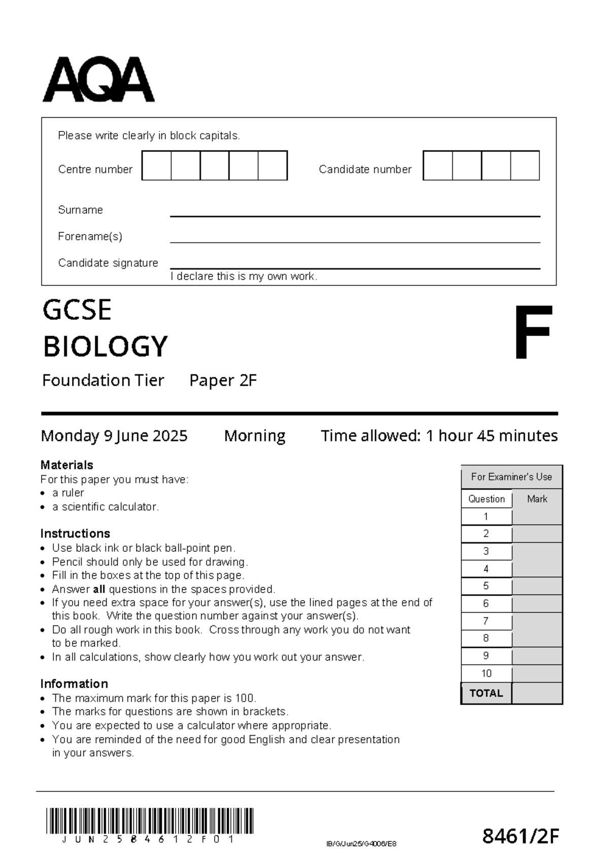 2025 AQA GCSE Biology F Tier Paper 2 – Exam Questions & Answers - Studocu
