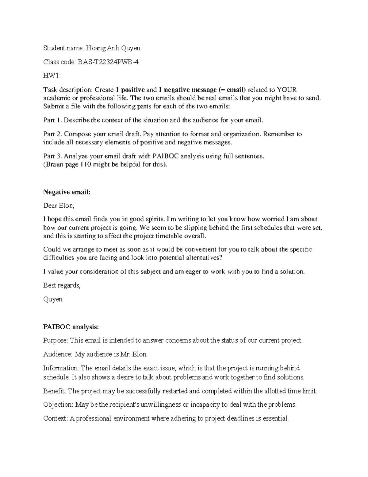 BAS HW1: Positive & Negative Email Drafts with PAIBOC Analysis - Studocu