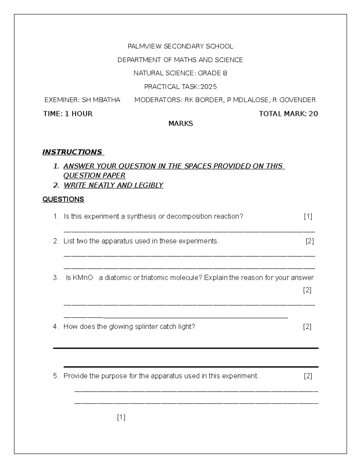 NS Grade 8 Practical Task 2025: Chemistry Reactions & Electrolysis ...