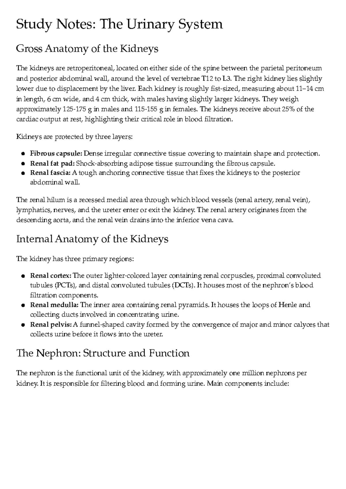 BSC2086C: Chapter 25 Study Notes on Urinary System Anatomy - Studocu