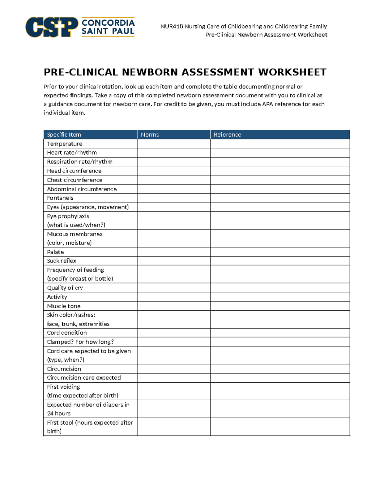 NUR418 Newborn Assessment Worksheet for Clinical Rotation - Studocu