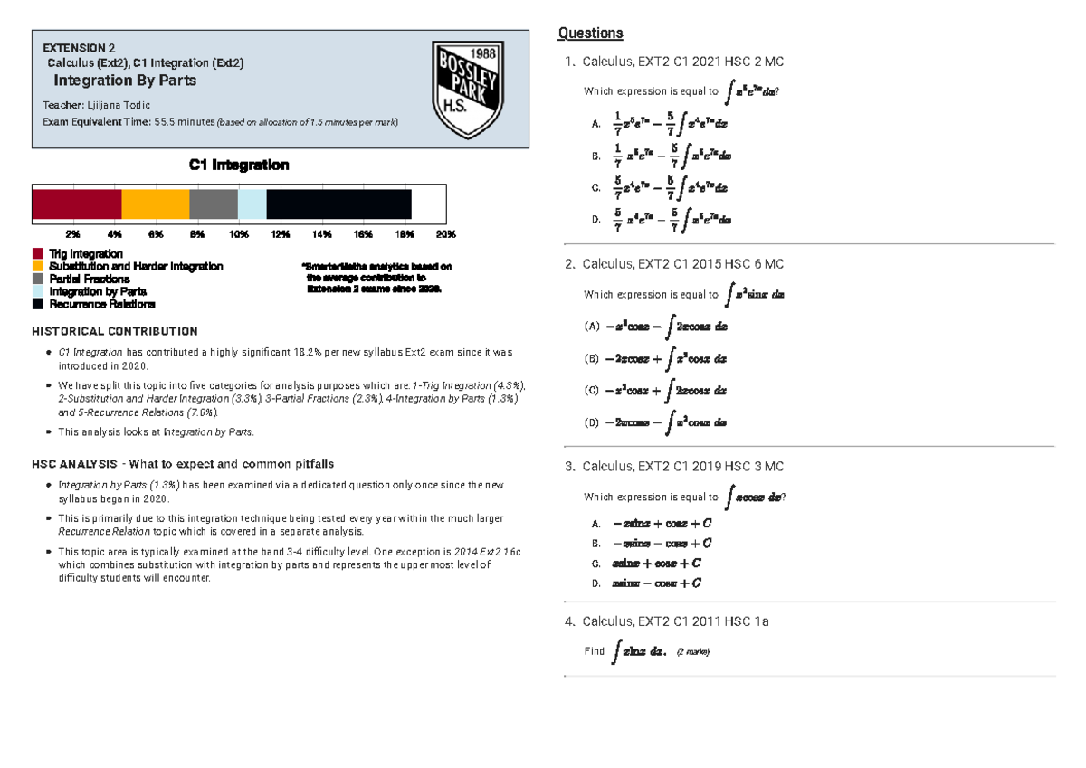 EXT2 C1 Integration By Parts: Detailed Analysis & Exam Insights - Studocu
