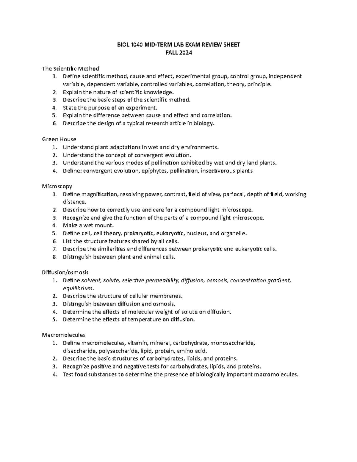 BIOL 1040 Mid-Term LAB EXAM Review Sheet for Fall 2024 - Studocu
