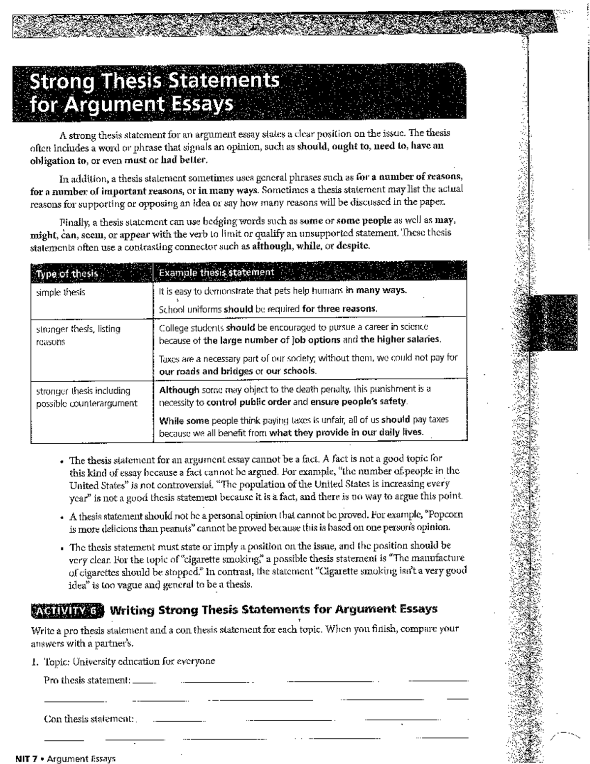 Strong Thesis Statements for Argument Essays (ENG 101) - Studocu