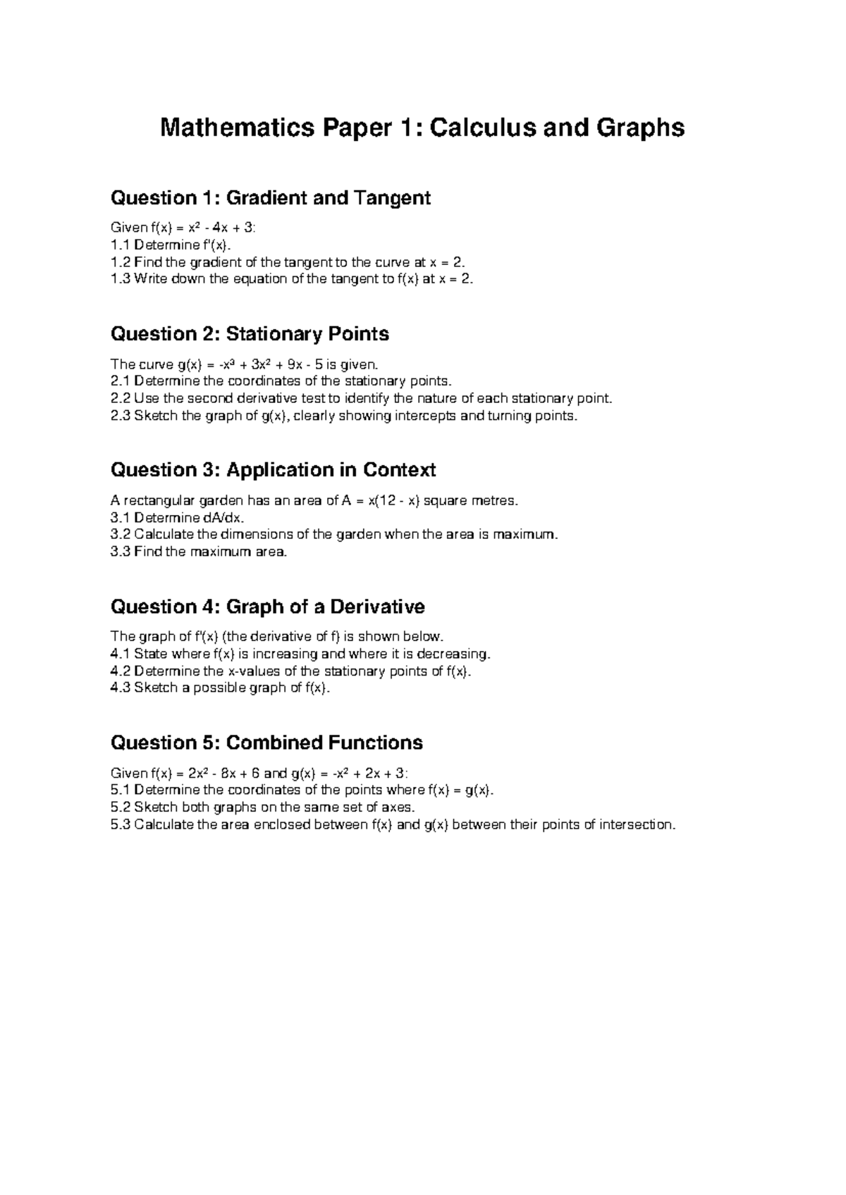 Maths Paper 1: Calculus & Graphs Questions and Solutions - Studocu