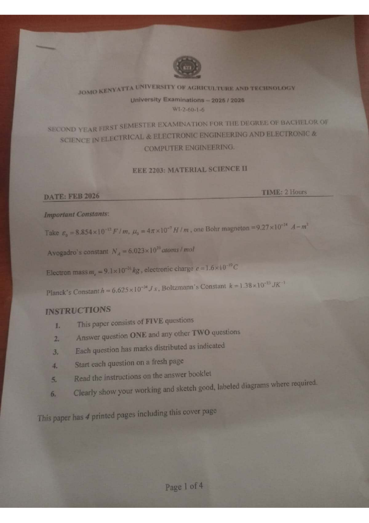 BSc Electrical & Electronic Engineering 2203: Material Science II Exam ...