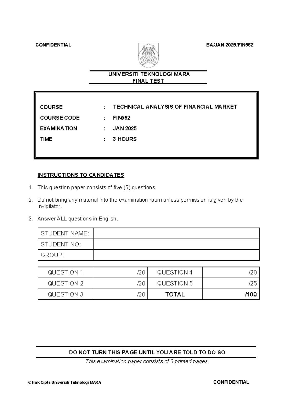 FIN562 Final Test: Technical Analysis of Financial Market - Jan 2025 ...
