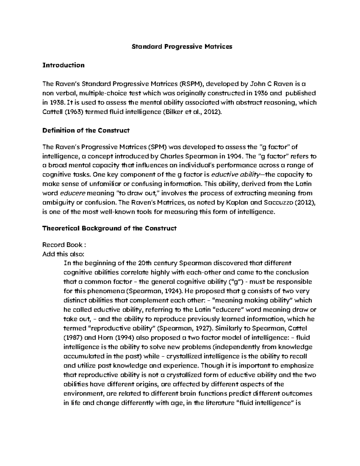 SPM - Insights into the Raven's Standard Progressive Matrices - Studocu