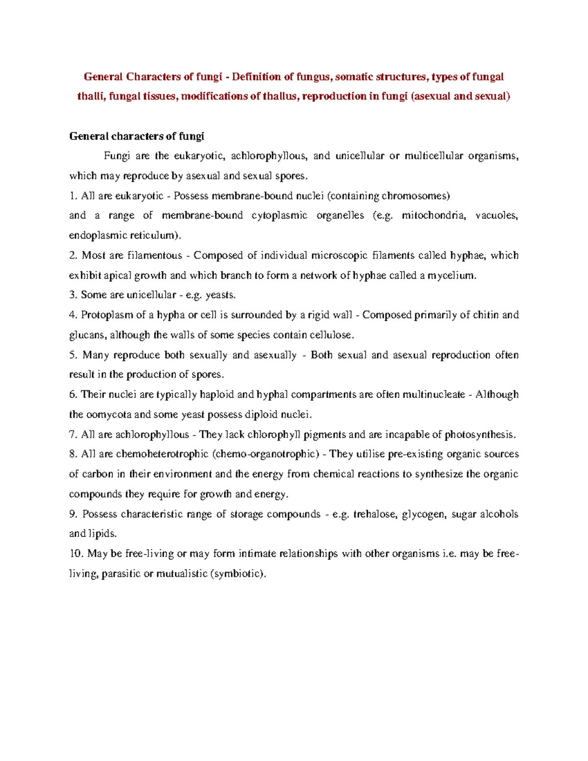General Characteristics and Structures of Fungi - AGRICULTURE - Studocu