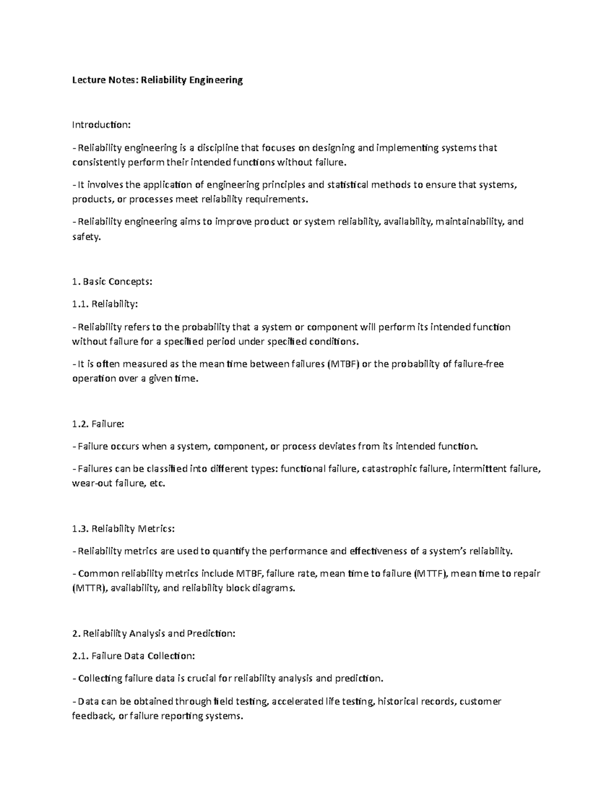 Lecture Notes: Reliability Engineering (ENG 301) - Key Concepts and ...