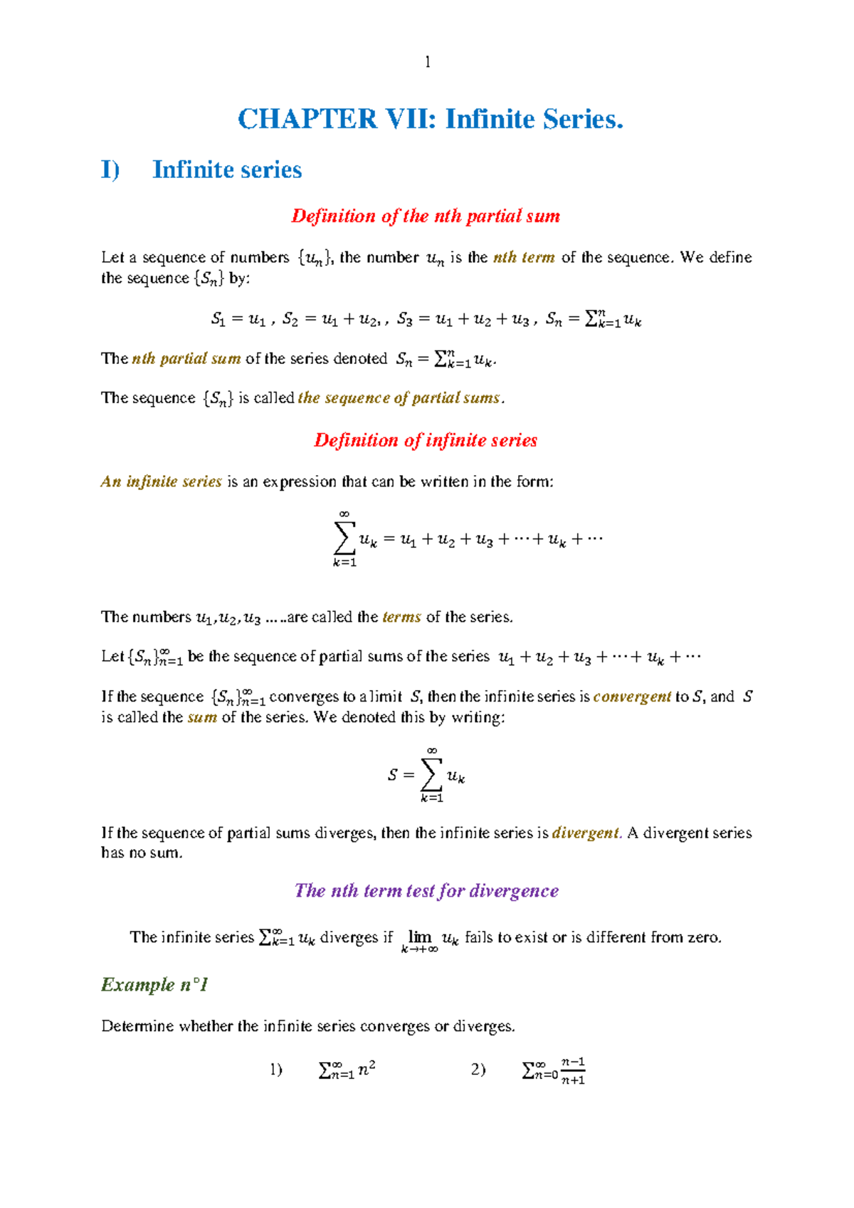 7 CHAPTER VII: Infinite Series - Definitions & Convergence Tests - Studocu