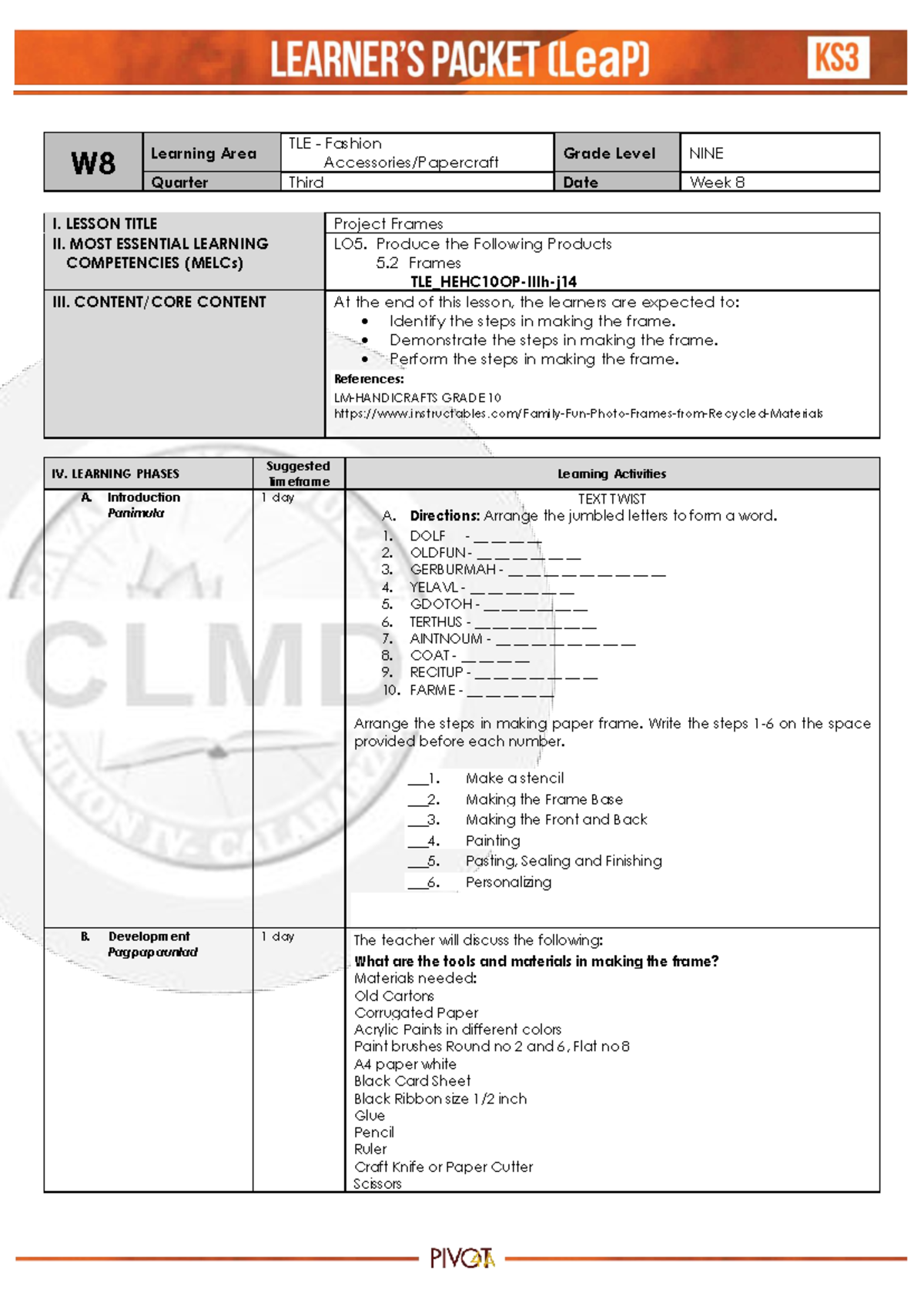 TLE HE-HF9-w8 - NOTES - W Learning Area TLE - Fashion Accessories ...