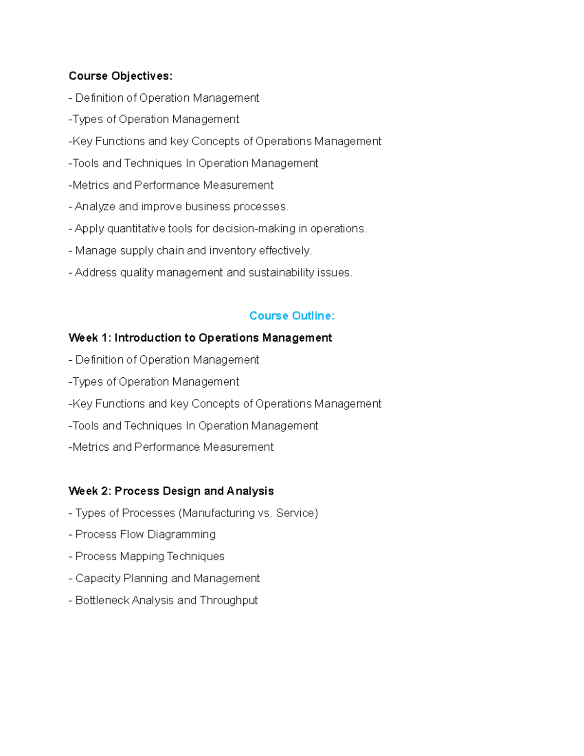 Operation Mnagement Course Objectives - Course Objectives: Definition ...