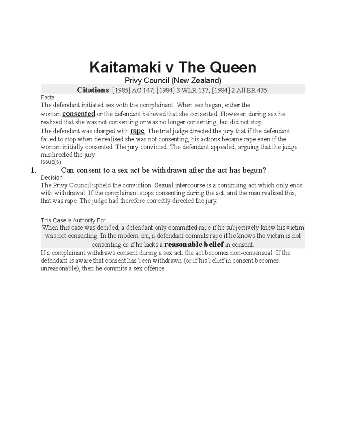Kaitamaki v The Queen Case Law Analysis and Implications Studocu