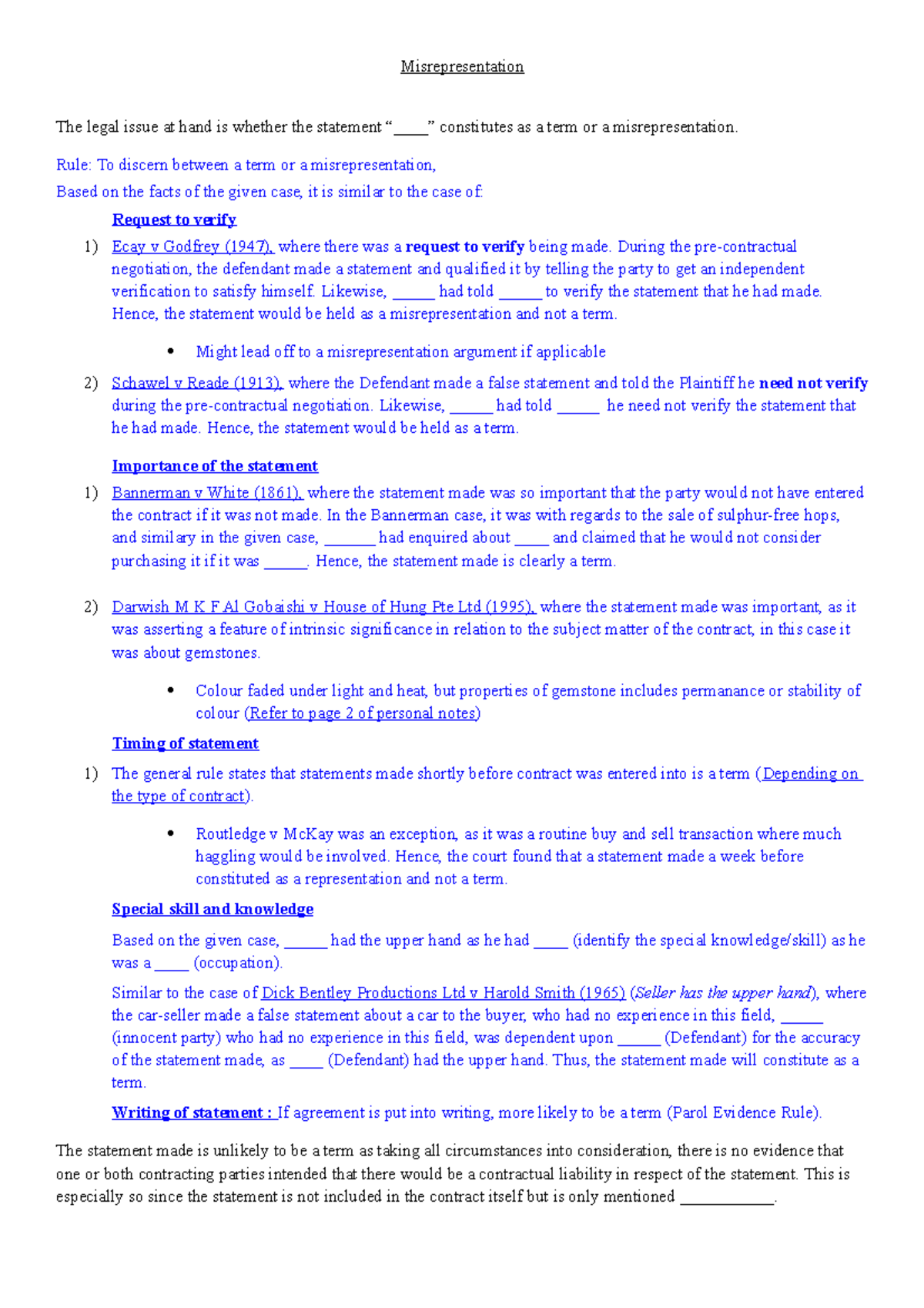 Misrep Answering Template for misrep ins - LGST101 - Studocu