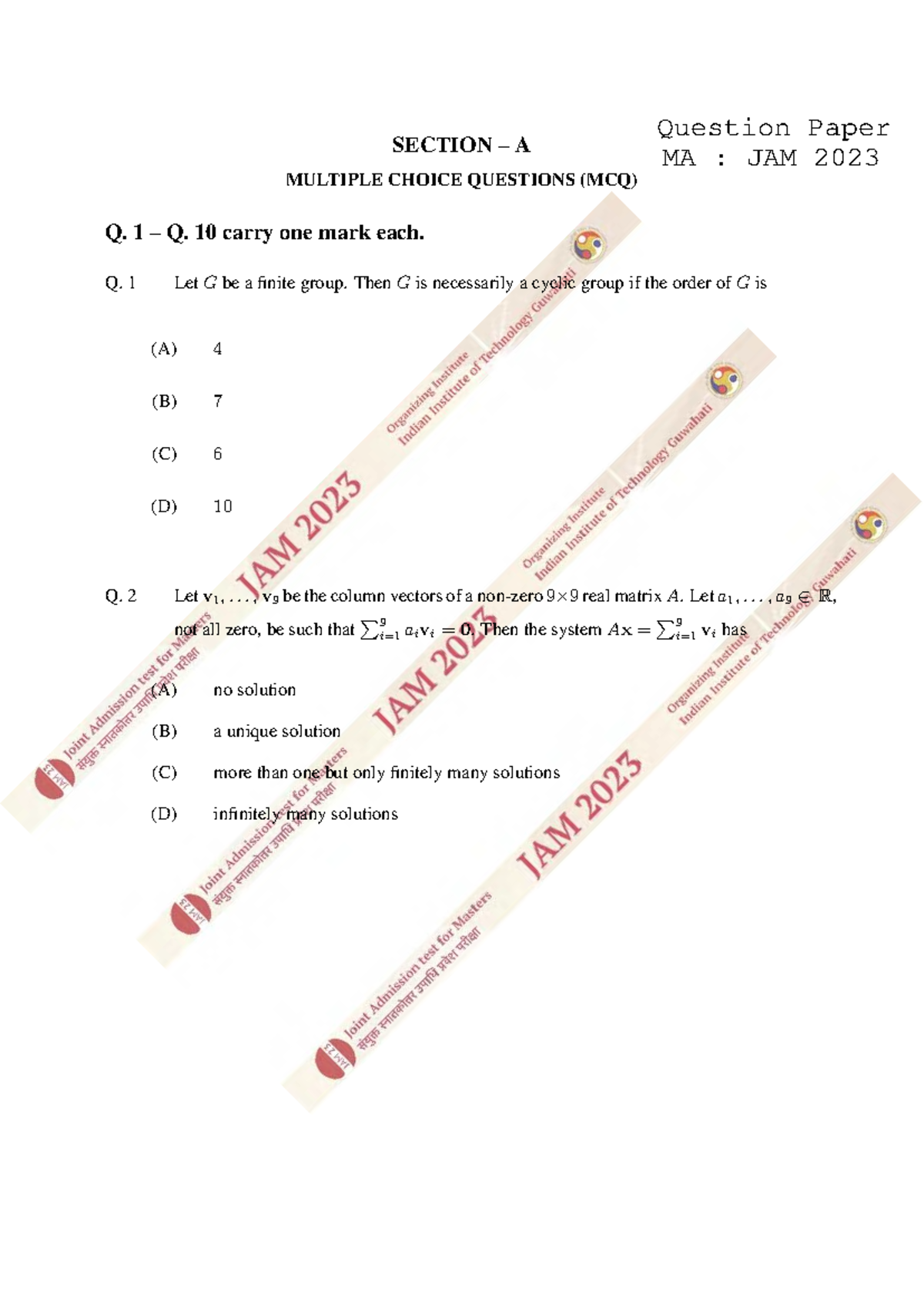 MA 2023 JAM SECTION A Question Paper: MCQs and Solutions - Studocu
