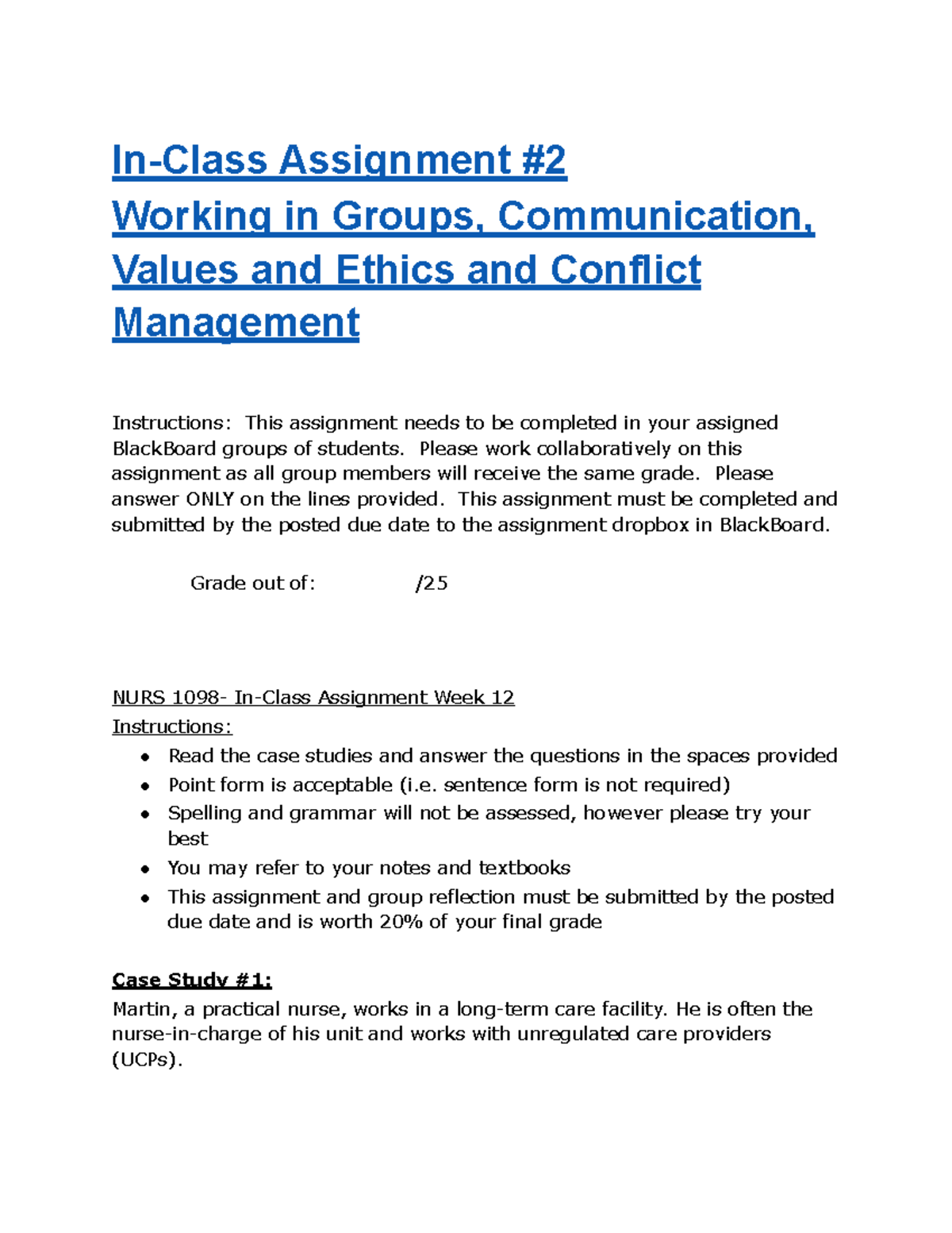 NURS 1098 Group Assignment - WEEK 12 - In-Class Assignment Working in ...