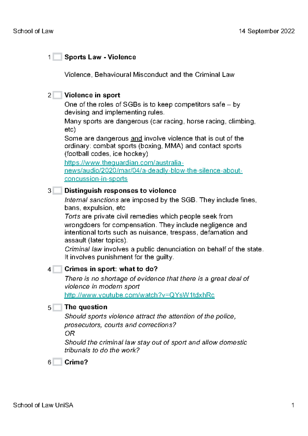 2021 Week 4 Lecture: Examining Violence in Sports Law - Studocu
