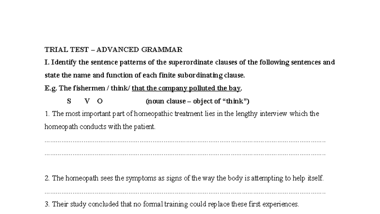 TRIAL TEST ADVANCED GRAMMAR I: Sentence Patterns & Analysis - Studocu