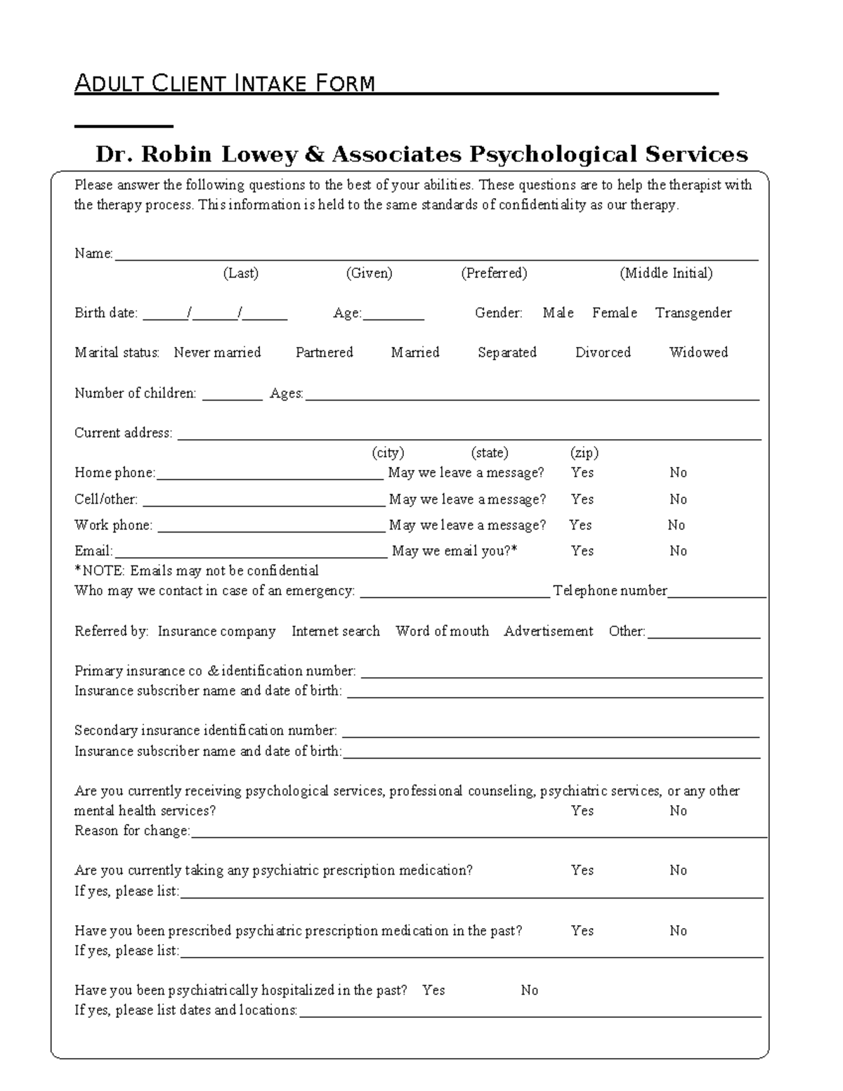 ADULT CLIENT INTAKE FORM - Dr. Robin Lowey Associates - Studocu