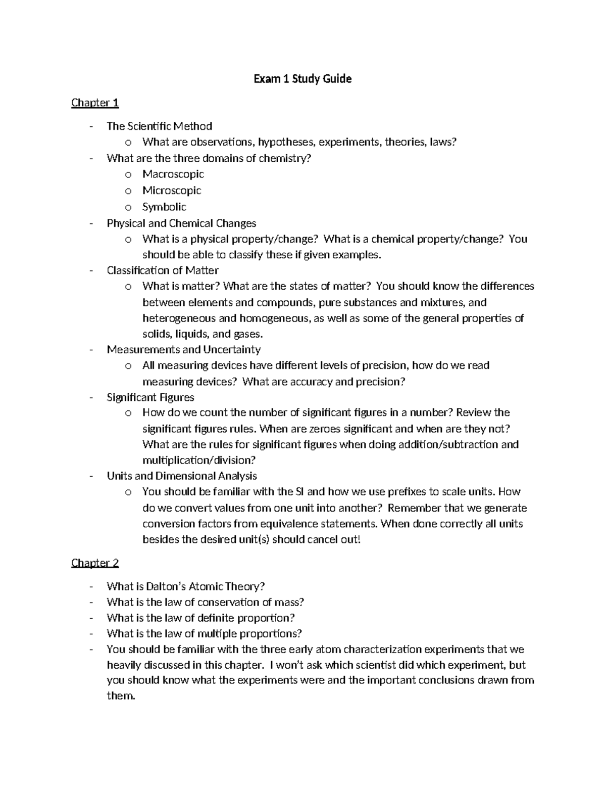Exam 1 Study Guide: The Scientific Method & Key Concepts in Chemistry ...