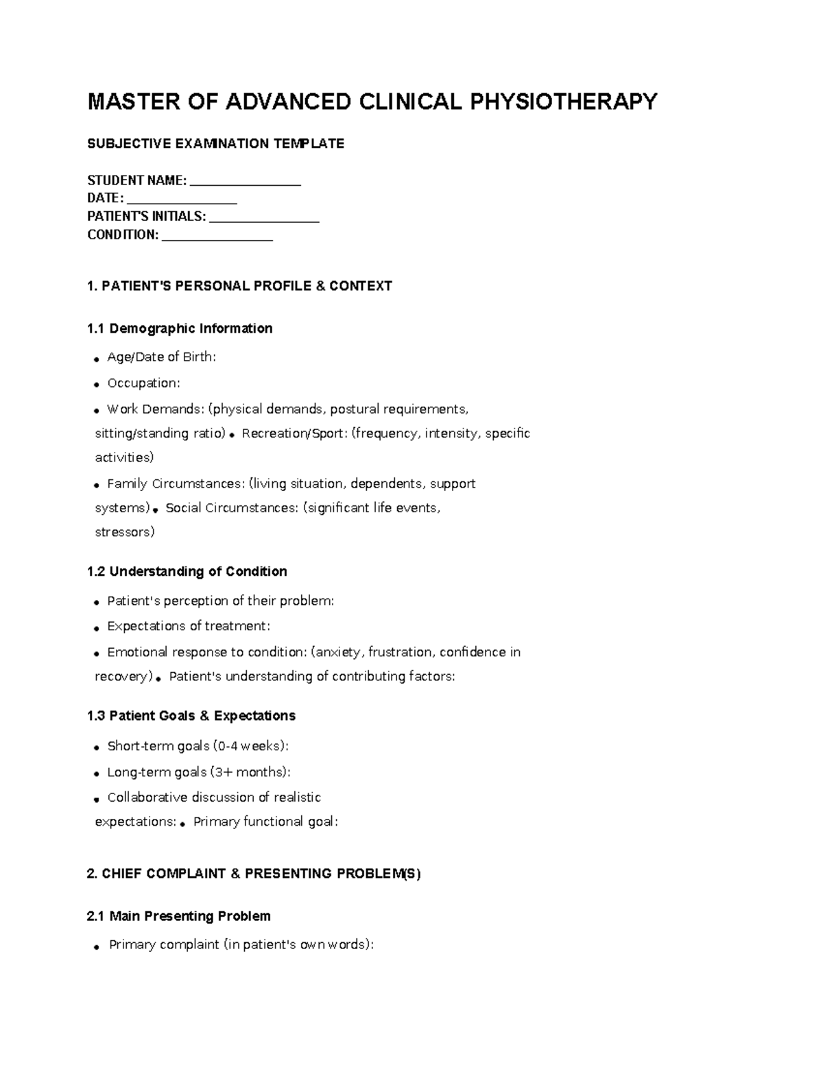 MACP Subjective Examination Template for Clinical Physiotherapy - Studocu