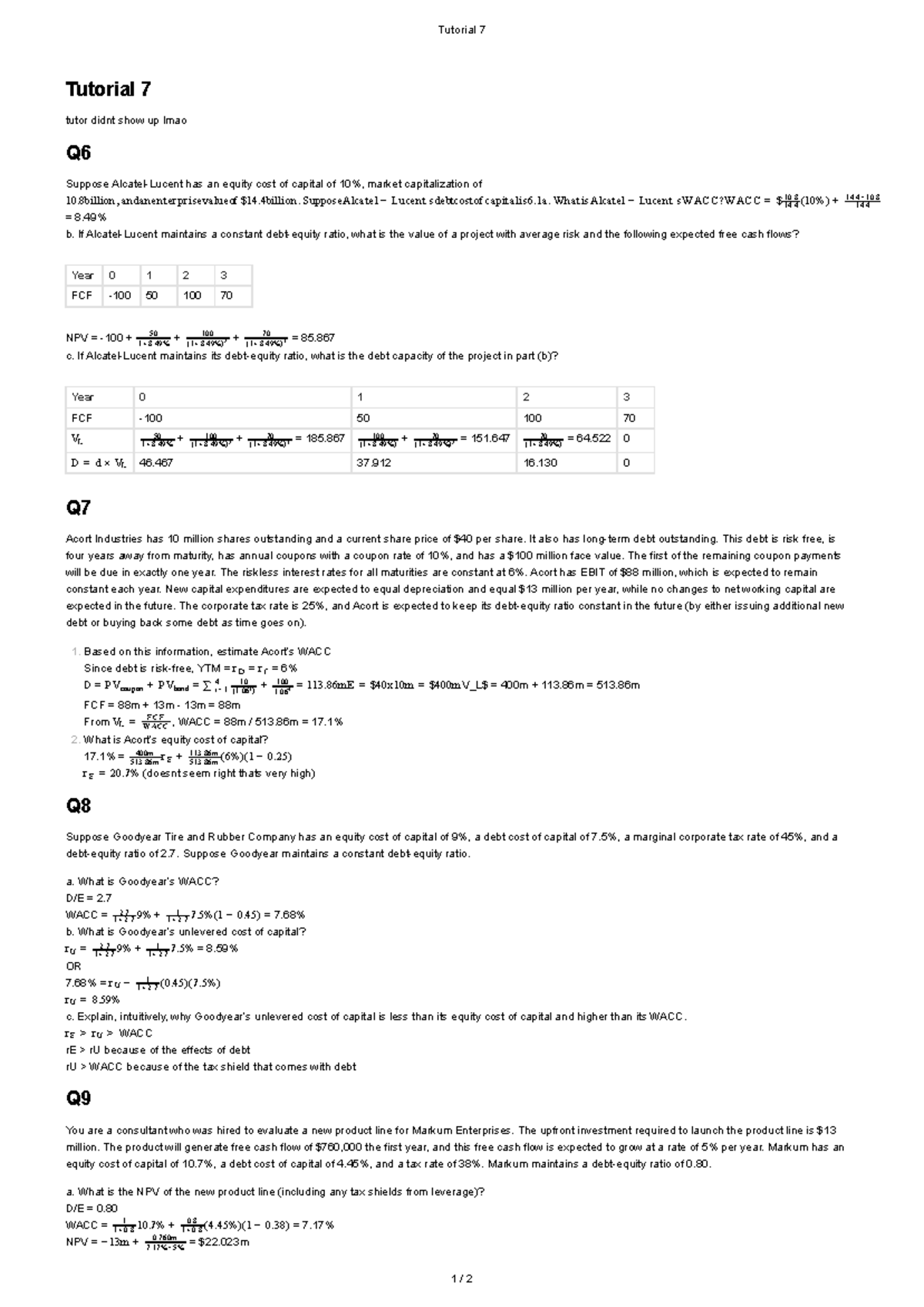 Tutorial 7: WACC Calculations and Project Valuation Analysis - Studocu
