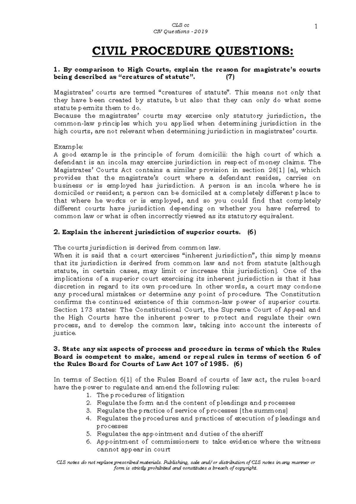 CIV 2019 Practice Exam: Questions & Answers on Civil Procedure - Studocu