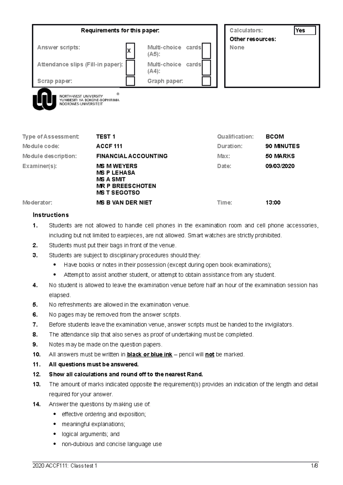 Class Test 1 - ACCF 111: Financial Accounting Requirements ...