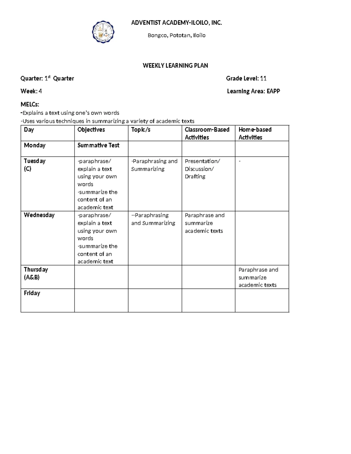 Week 1 - lesson - WEEKLY LEARNING PLAN Quarter: 1st Quarter Grade Level ...