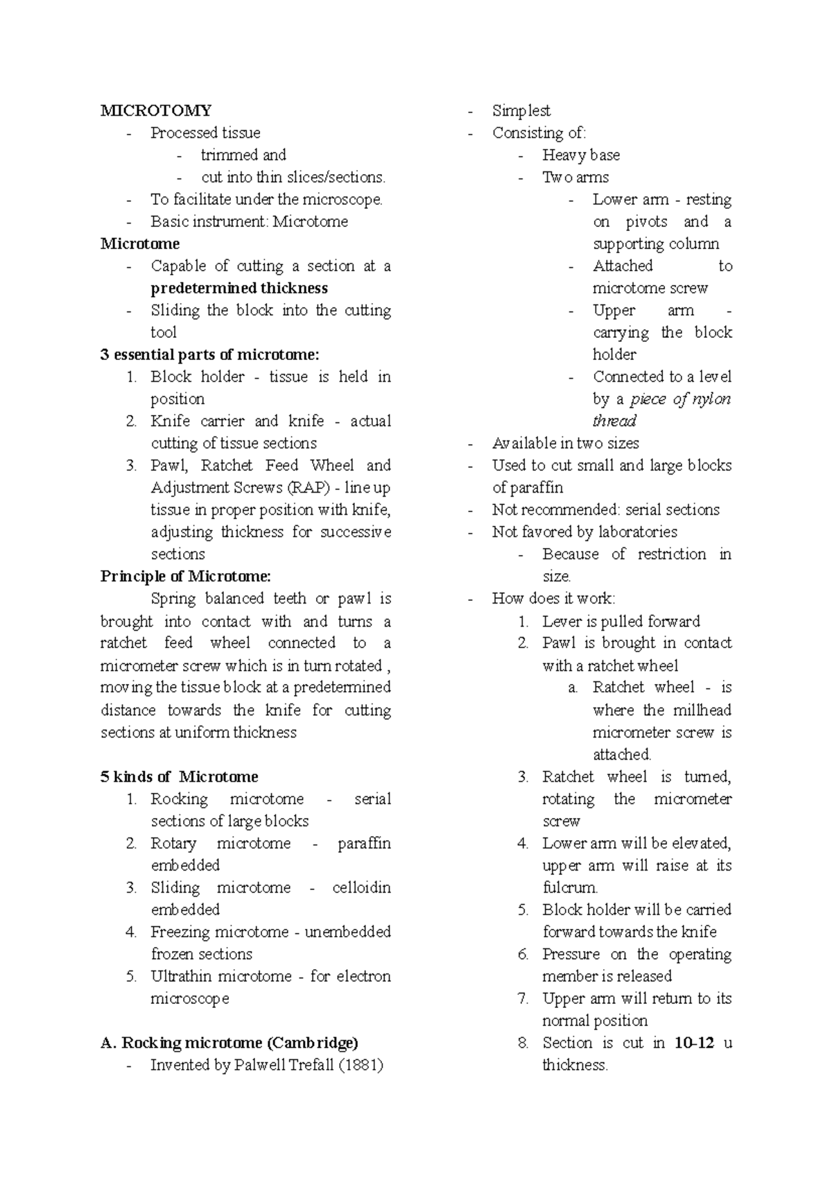 Microtomy-1: Lecture Notes on Microtome Types and Techniques - Studocu